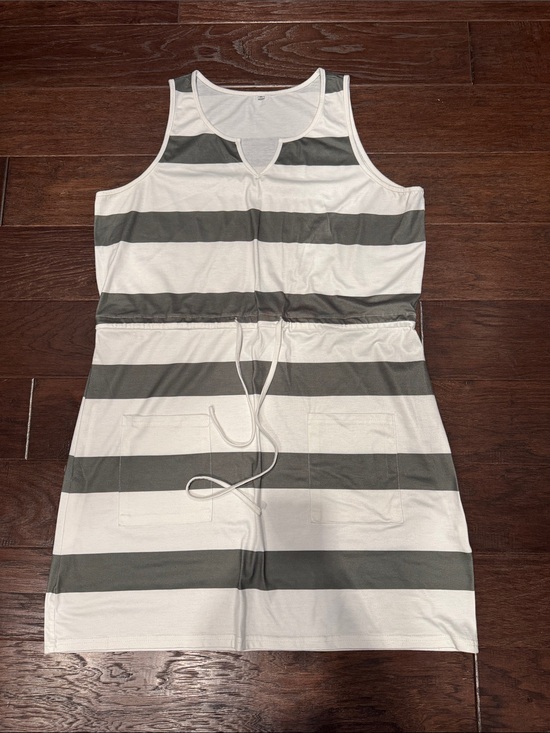 Dresses & Skirts - Striped Drawstring Tank Dress in White and Olive